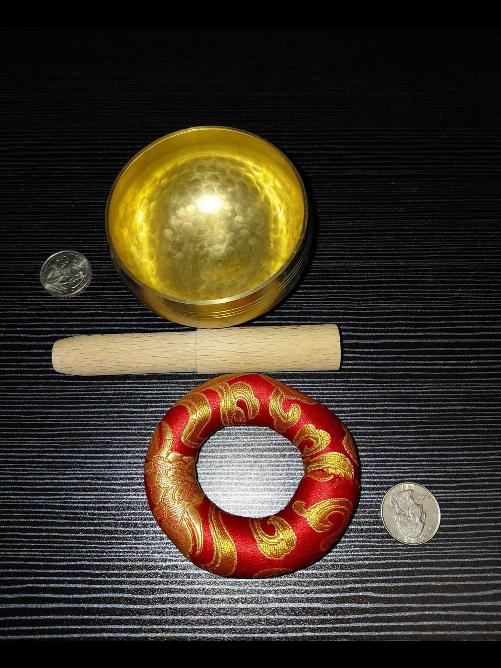 Brass Singing Bowl with Wooden Mallet and Red-Gold Cushion
